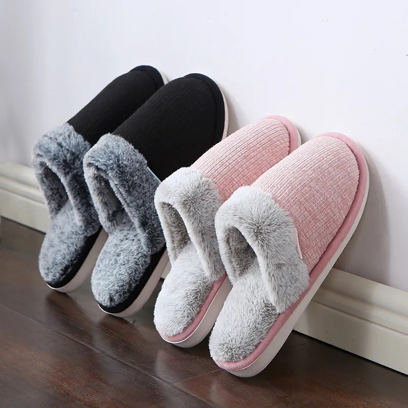 Winter Cotton Slippers w/ Faux Rabbit Fur & Thick Sole