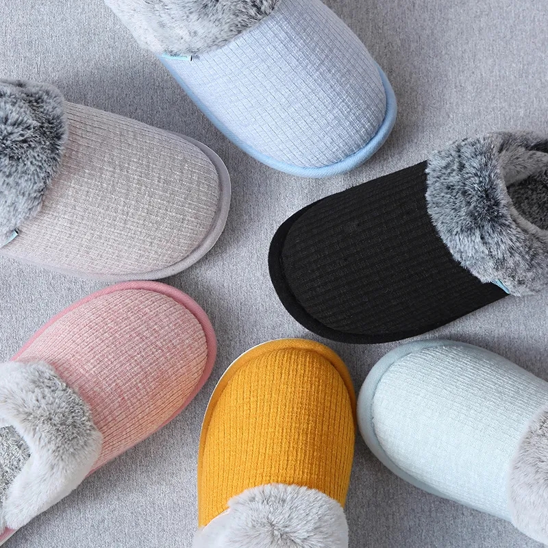 Winter Cotton Slippers w/ Faux Rabbit Fur & Thick Sole