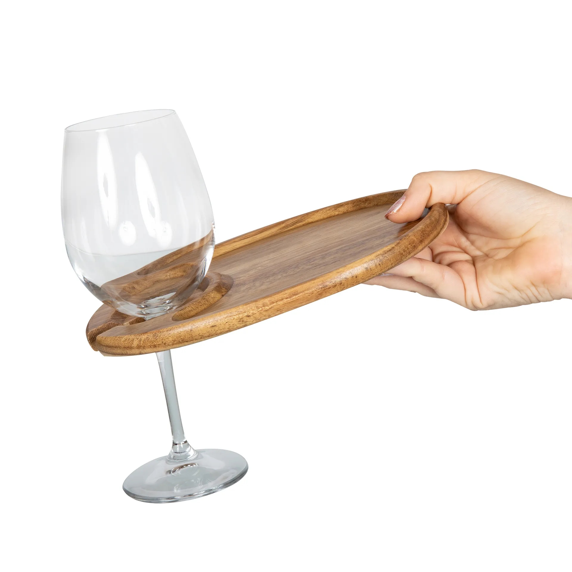 Wooden Wine & Appetizer Plate with Integrated Glass Holder
