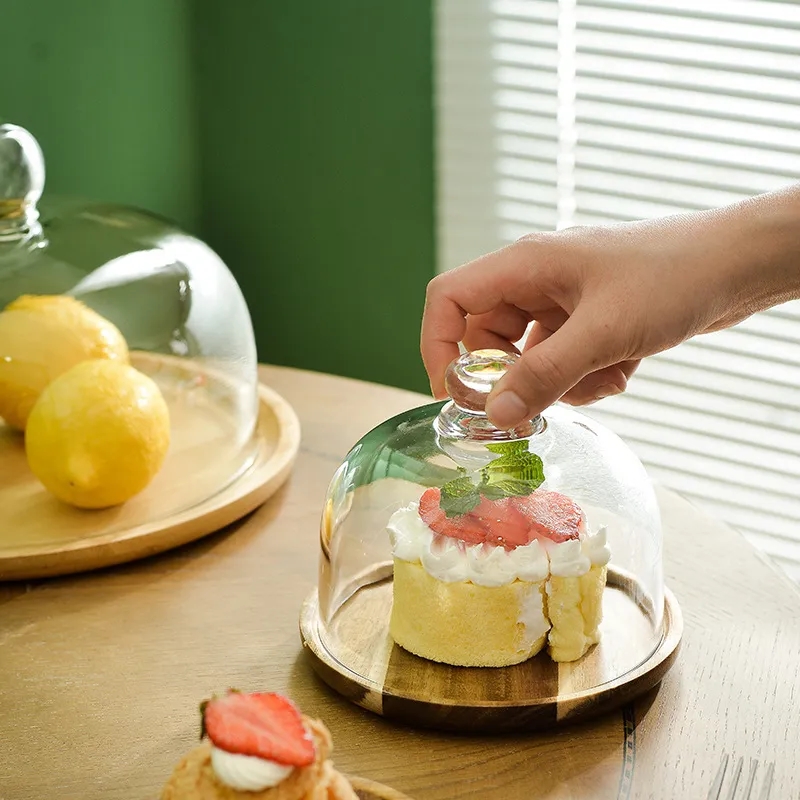 Mini Cake Appetizer Display Glass Dessert Dome Bamboo Base