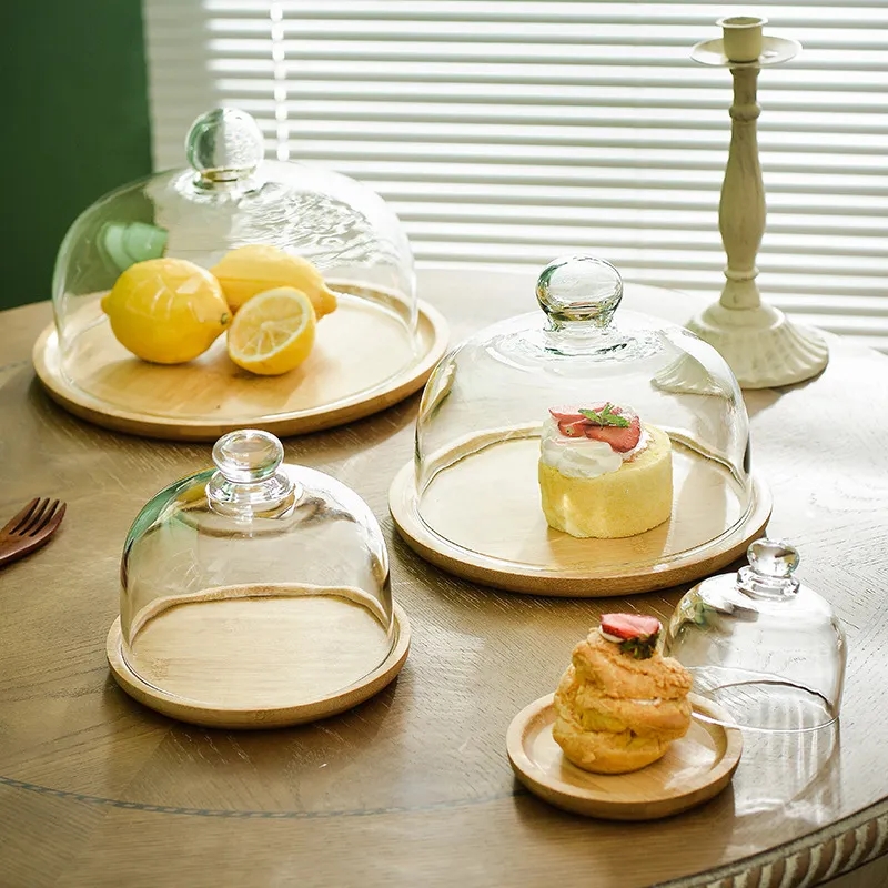 Mini Cake Appetizer Display Glass Dessert Dome Bamboo Base