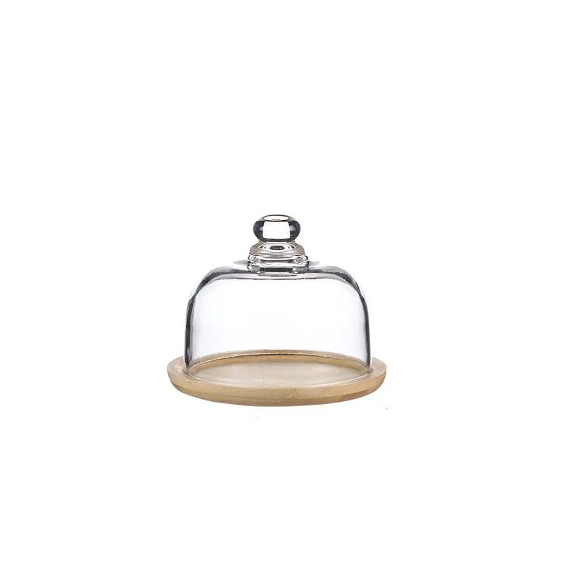 Round Clear Glass Dome Cloche Cake Plate Server w/ Wood Tray