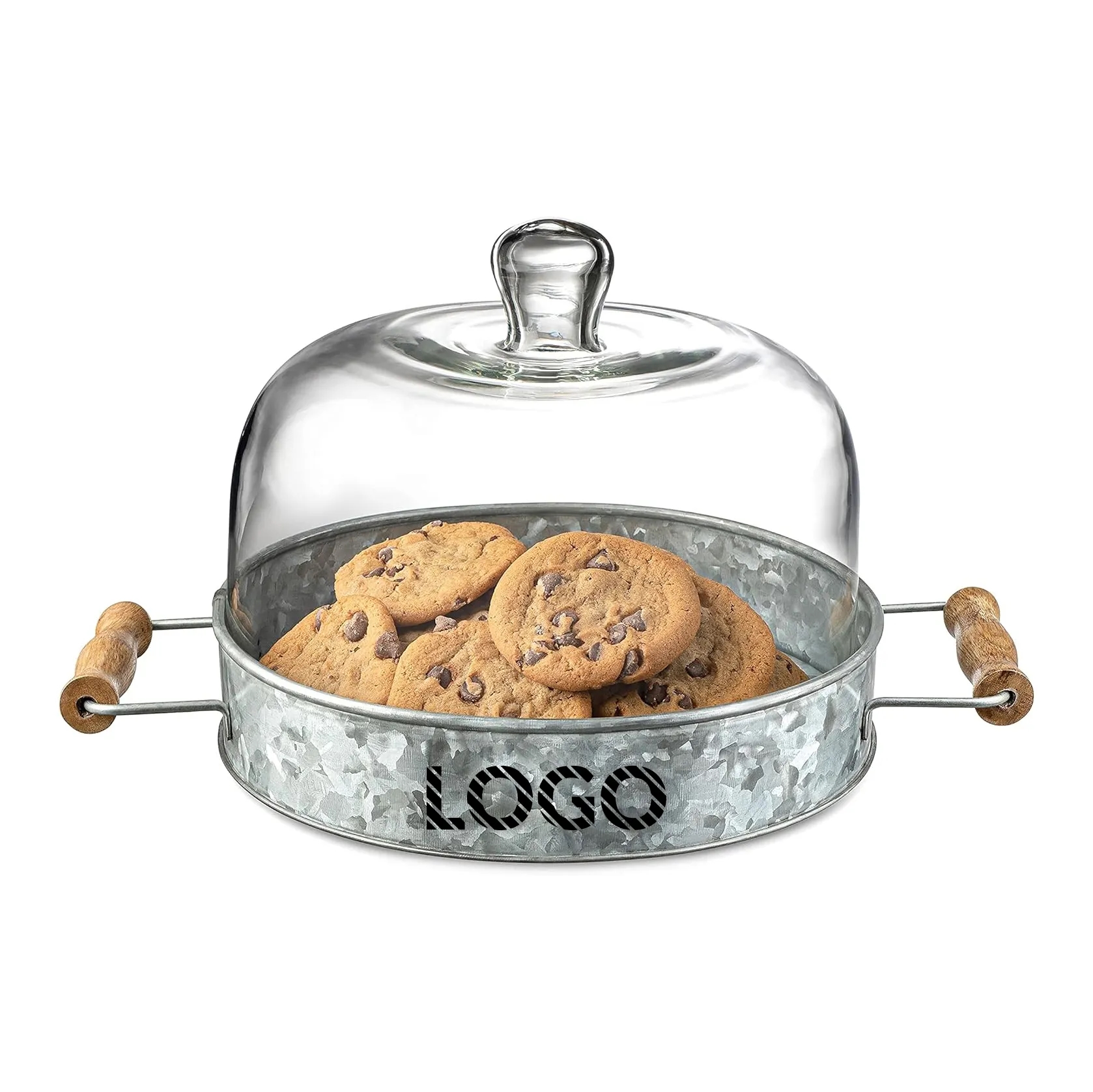 Rustic Galvanized Steel Cake Plate w/ Glass Dome & Handles