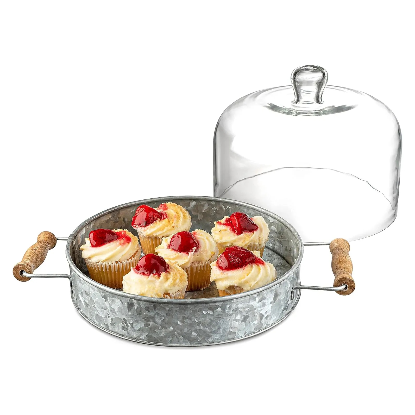 Rustic Galvanized Steel Cake Plate w/ Glass Dome & Handles