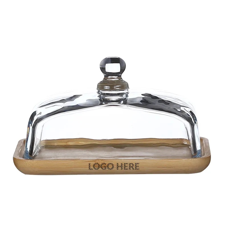 7" Rectangular Bamboo Dessert Plate w/ Glass Dome Cloche