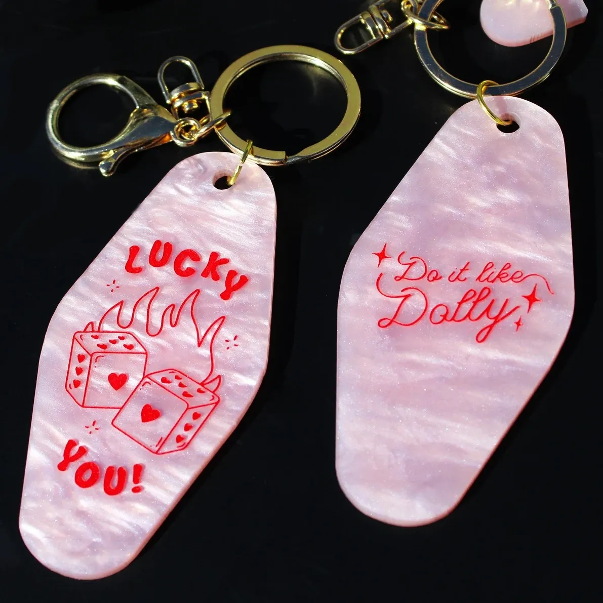 Pink Marble Acrylic Motel Keychain with Gold Claw Clip