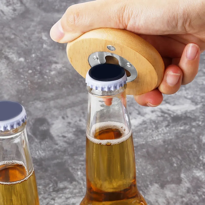 Compact Round Wood Magnetic Bottle Opener 2.75 inch