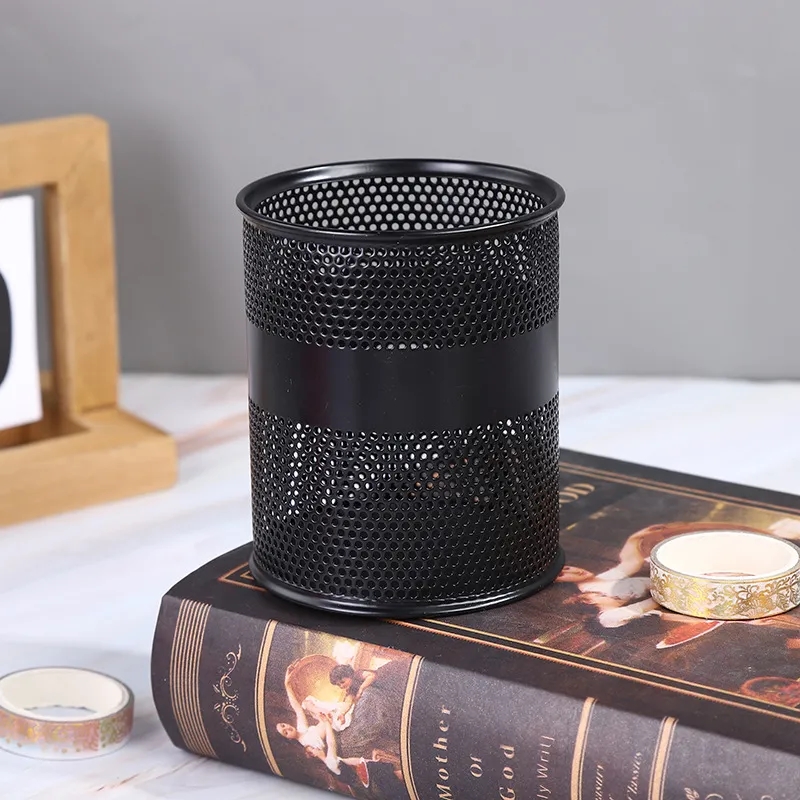 Metal Hollowed Desk Organizer Multifunction Round Pen Holder
