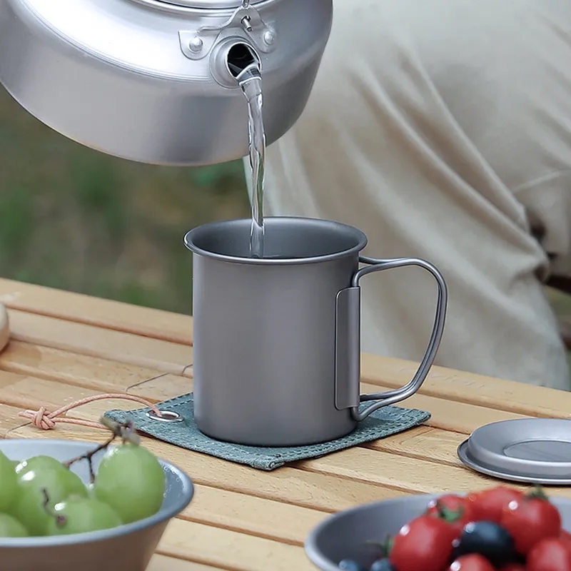 15 oz Titanium Camping Mug w/ Lid & Foldable Handle