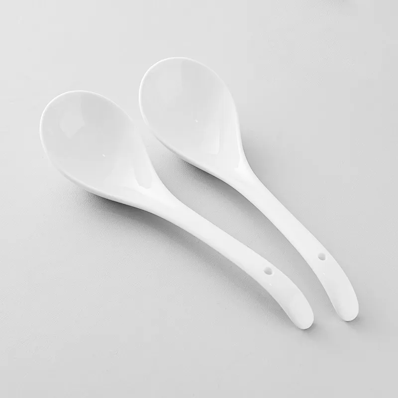 9" White Ceramic Soup Spoons w/ Long Handle Serving Ladle