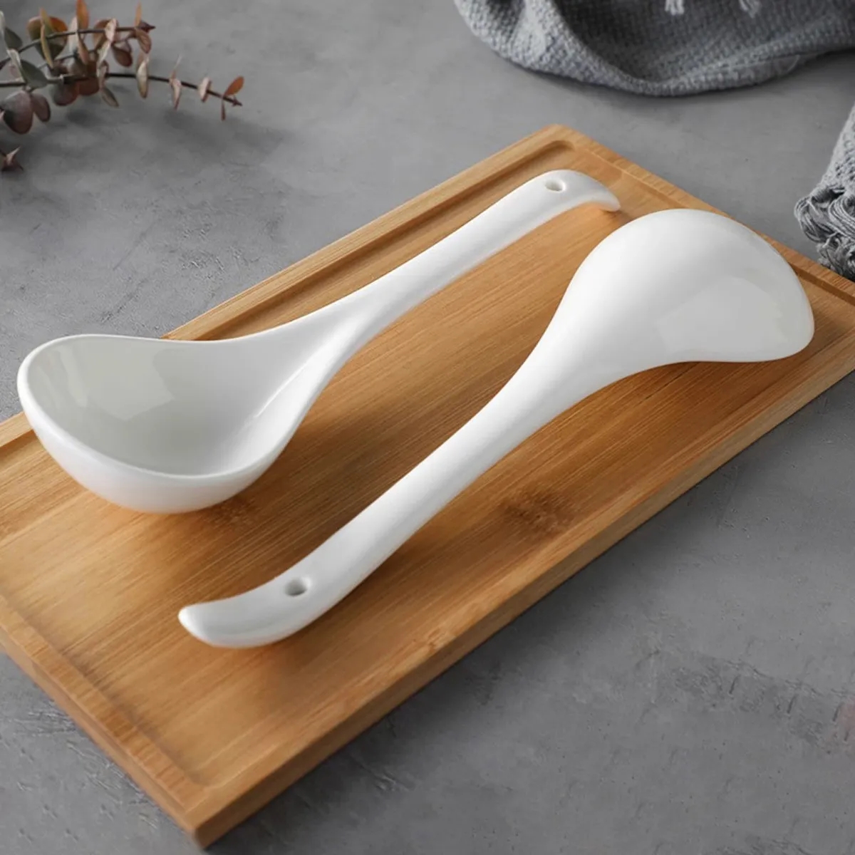 9" White Ceramic Soup Spoons w/ Long Handle Serving Ladle