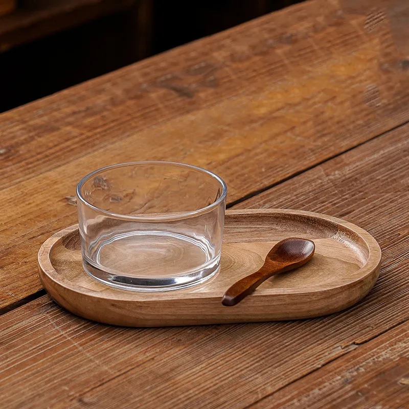Wooden Tray Breakfast Set with Glass Bowl and Spoon