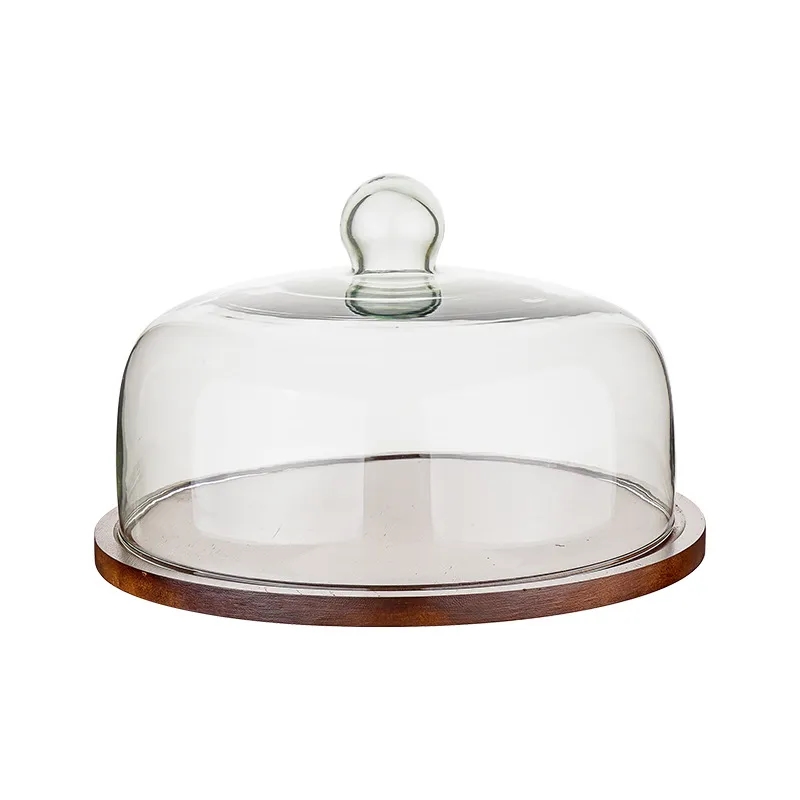 10" Wooden Cake Plate with Glass Dome and Knob Handle
