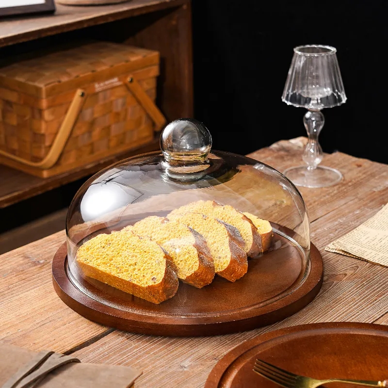 10" Wooden Cake Plate with Glass Dome and Knob Handle