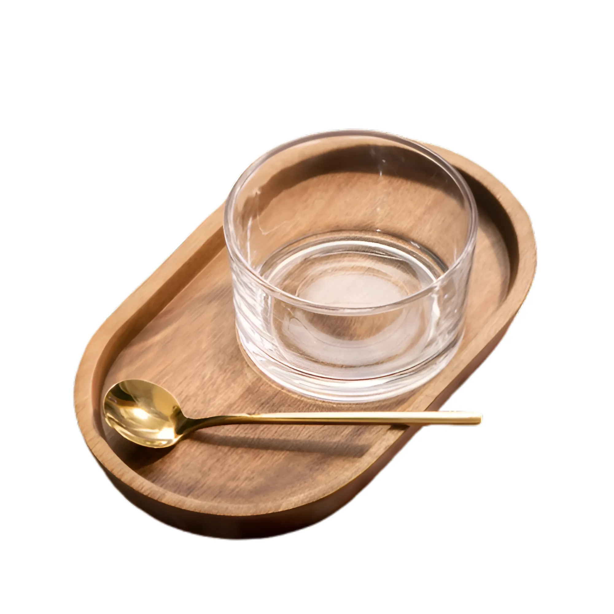 Elegant Wooden Serving Tray with Glass Bowl & Spoon