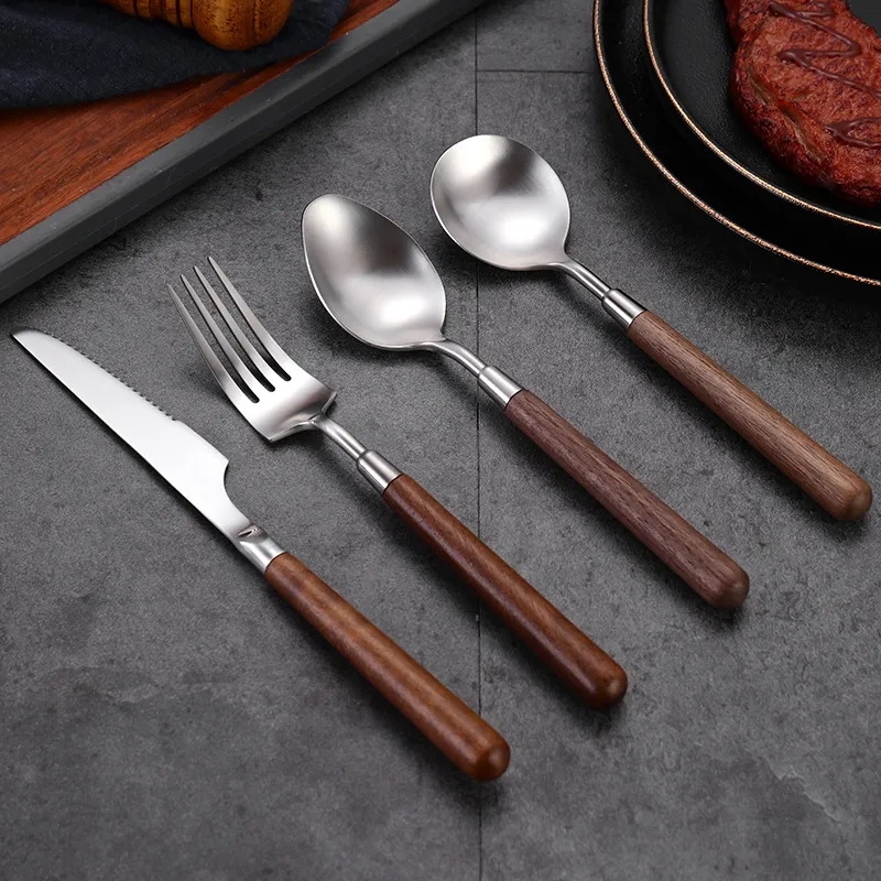 Knife Fork Spoon Flatware Set w/ Walnut Wood Handle