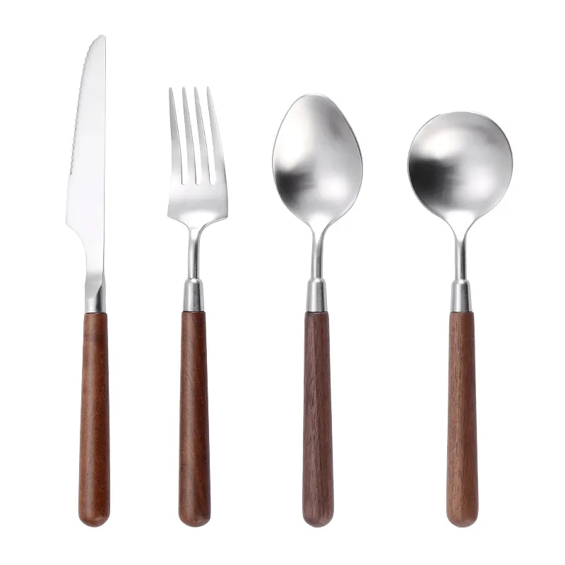 Knife Fork Spoon Flatware Set w/ Walnut Wood Handle