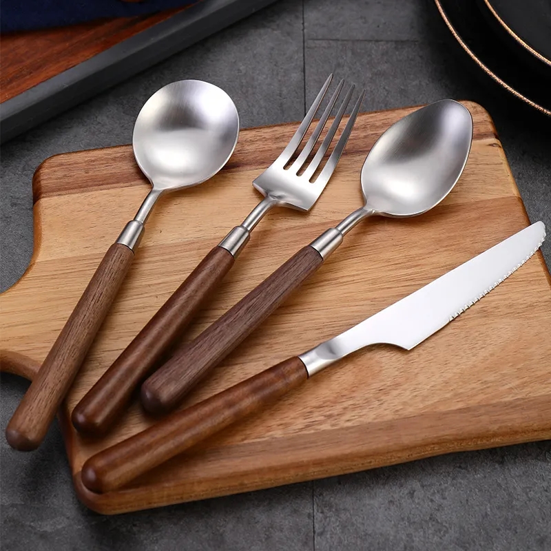 Knife Fork Spoon Flatware Set w/ Walnut Wood Handle