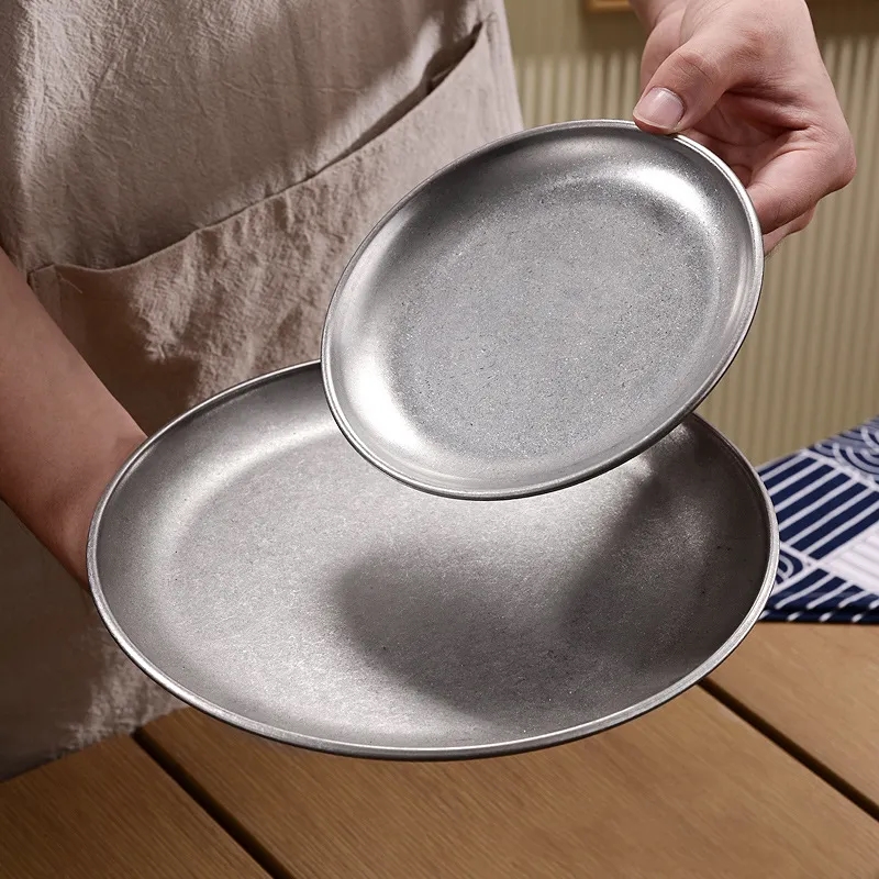 12" Distressed Stainless Steel Round Tray Serving Platter
